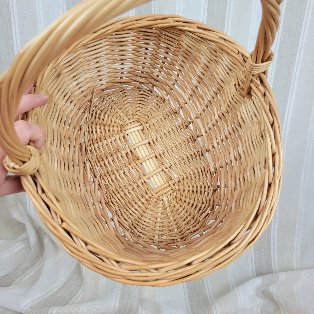 Wicker Gathering Basket Oval Willow Wood Handle Cottagecore Boho Decor